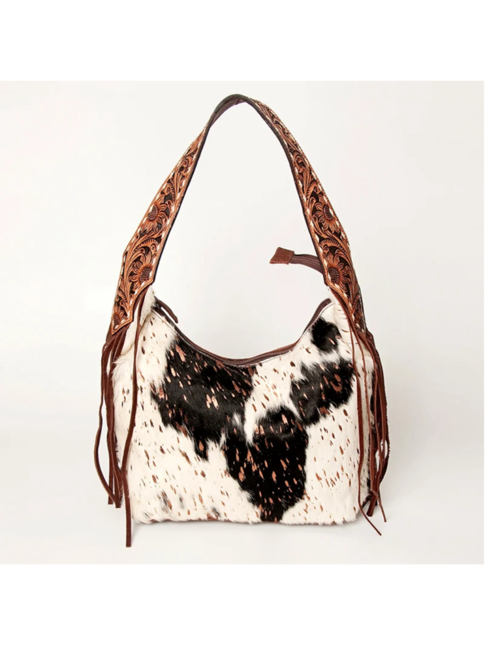 American Darling Boho Fringe Tooled Hobo Bag-Hair on with rose gold flecking